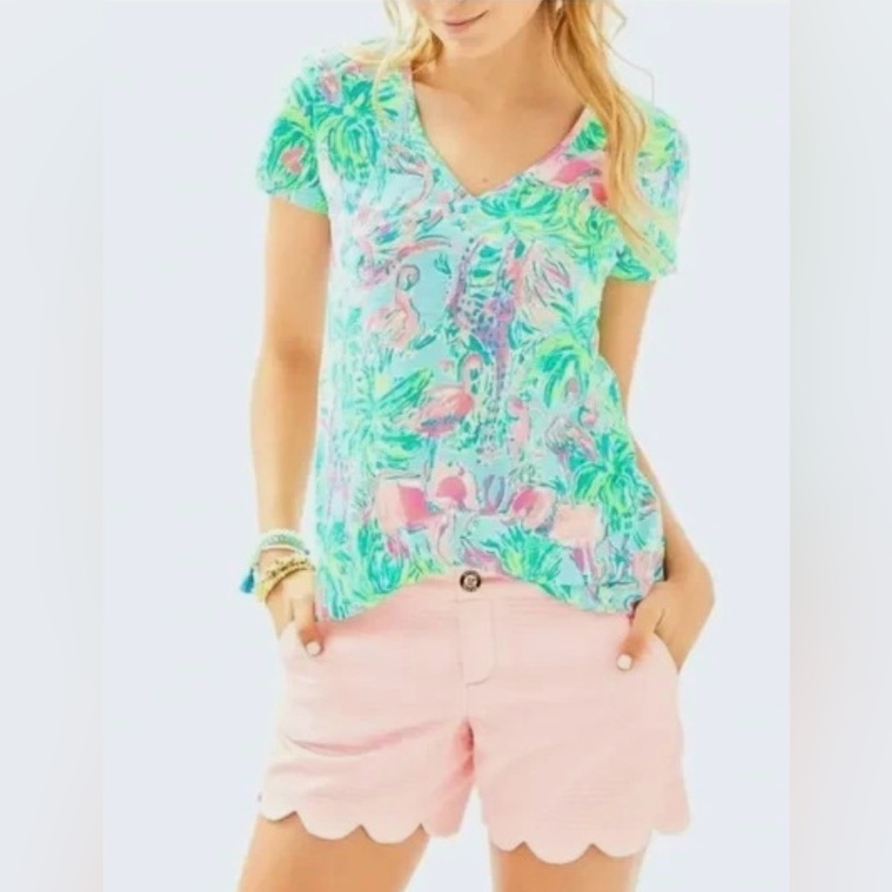 Lilly Pulitzer Women’s Small Etta V-Neck Short Sleeve Seasalt Blue On Parade Top - Picture 2 of 15